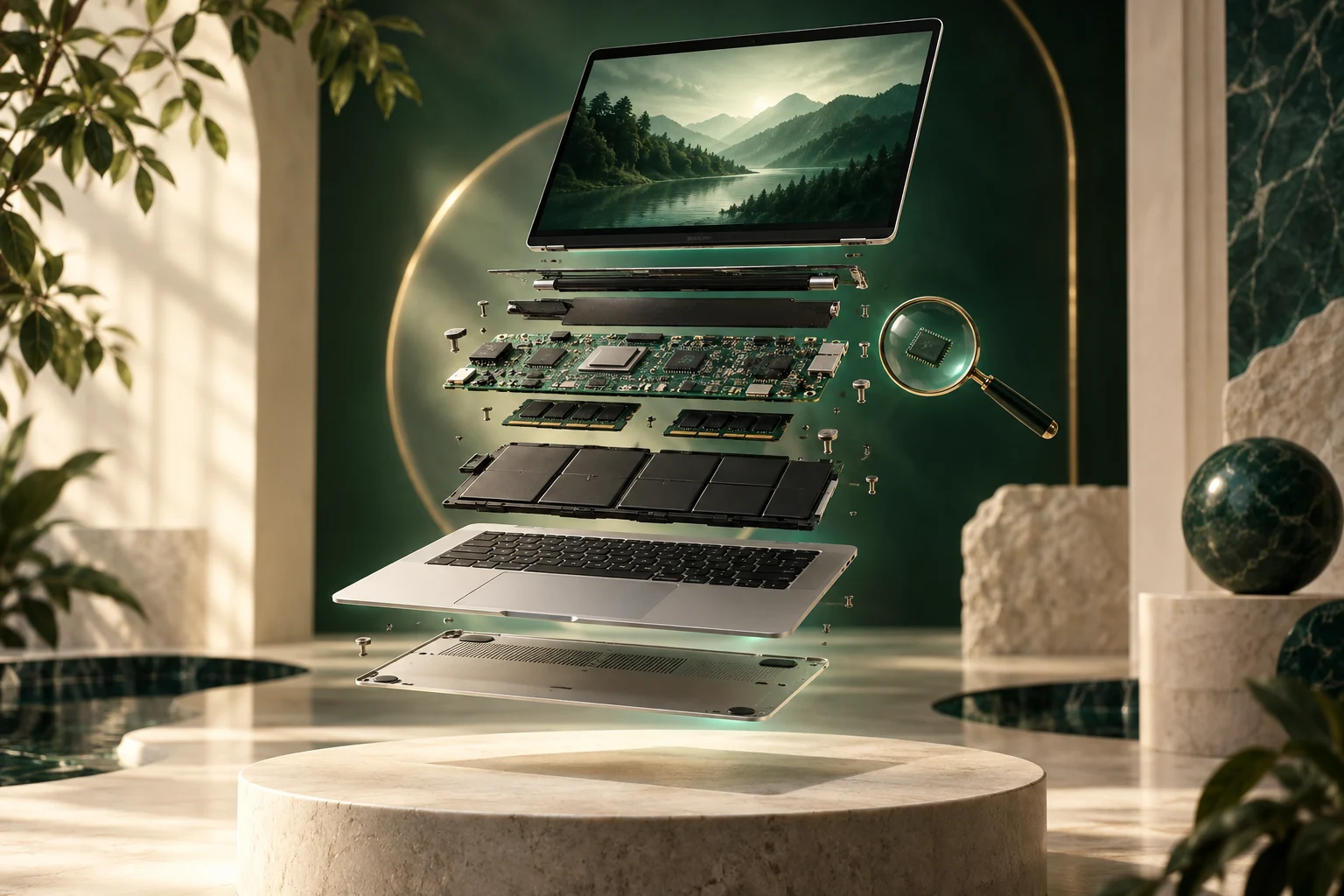 Concept illustration of a laptop’s components floating above its base