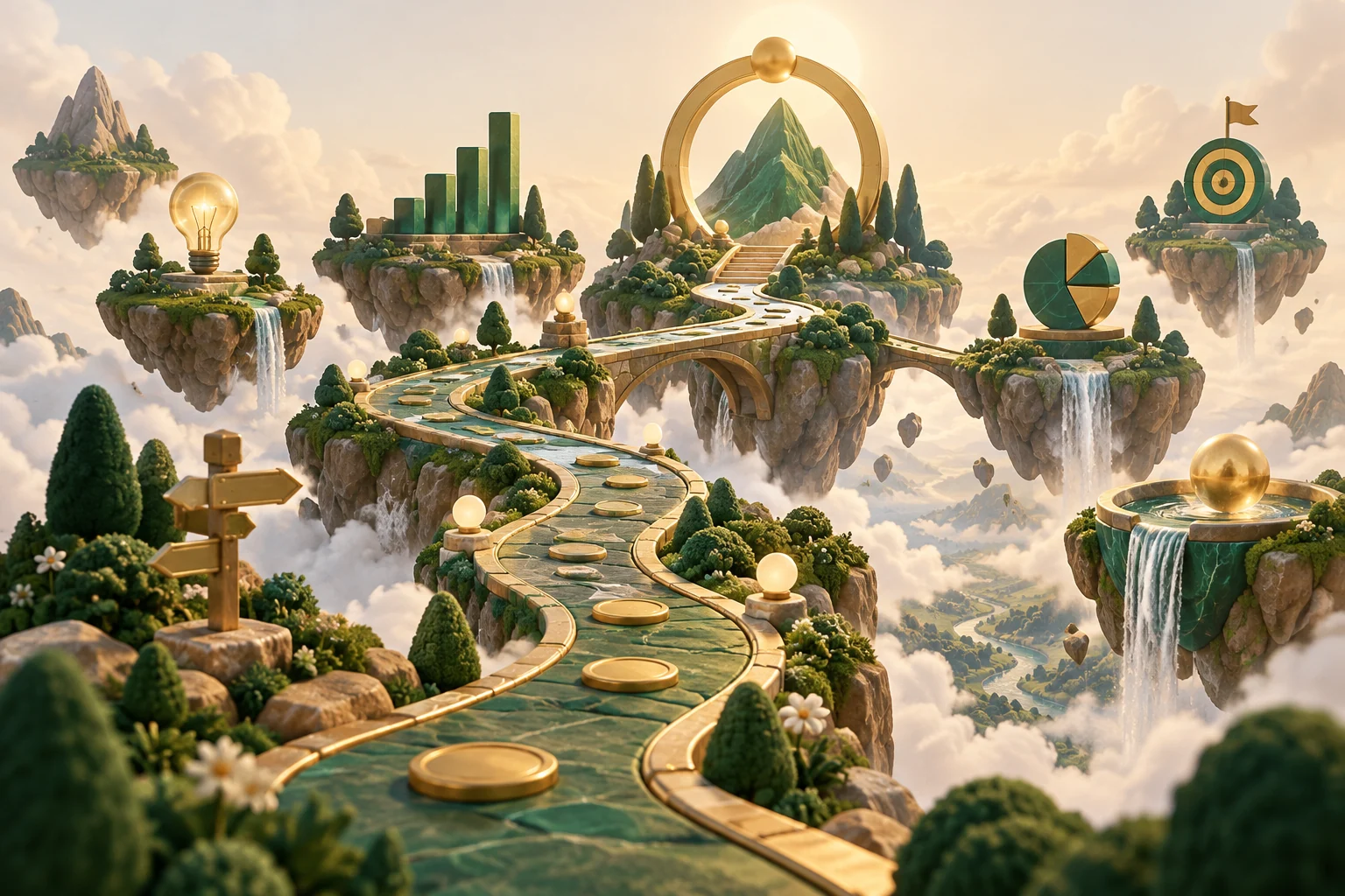 Concept illustration of Pip’s colorful world with floating islands and a chart-shaped portal
